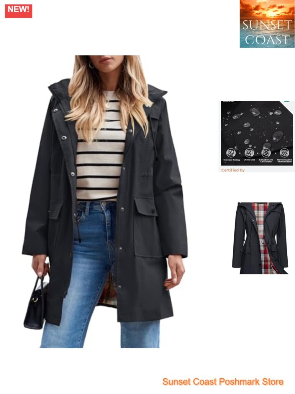 Waterproof Rain Jacket Long Raincoat Hooded Windbreaker Trench Coat
